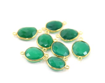 Green onyx natural shaped raw nugget faceted connector gold plated over sterling  gold bezel charm