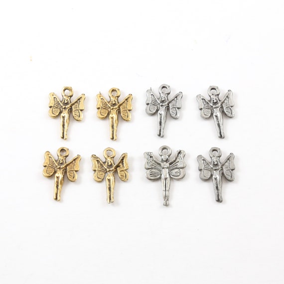 4 Pieces Pewter Flying Butterfly Fairy Wings Pixie Charm Fantasy Pendant Inspirational Pendant,  Antique gold, Antique silver