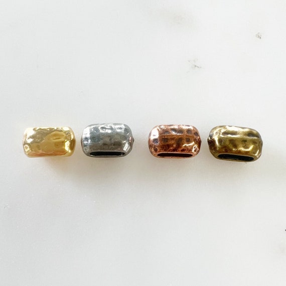 5 Piece Pewter Metal Artisan Organic Hammered Textured Spacer Bead Leather Slide Rectangular Round Edge Large Hole Slider Bead