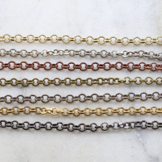 Base Metal 5mm Round Etched Textured Link Chain in 7 Finishes / Chain by the Foot