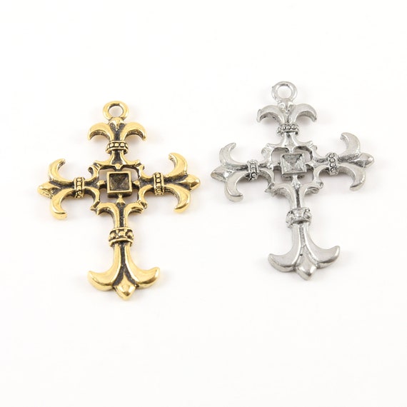 Large Fleur De Lis Cross for Pointed Square Crystal Inlay Pendant Pewter Religious Catholic 46mm x 35mm Antique Gold, Antique Silver