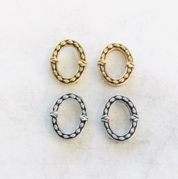 2 Pieces Pewter Metal Oblong Detailed Thick Open Oval Rounded Connector Ring Charm