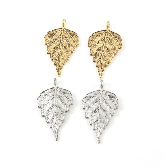 2 Pieces Detailed Pewter Birch Leaf Nature Pendant Antique Gold, Antique Silver