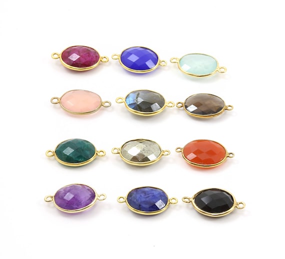 Oval Semi Precious Faceted Gemstone Connector Bezel Charm / Gold Plated over Sterling or Sterling Silver / Choose your Stone