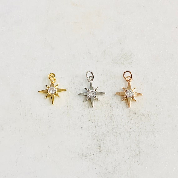 Gold Plated , Rhodium Plated, or Rose Gold Plated CZ 8 Point Star Cubic Zirconia Pave Charm Celestial Charm