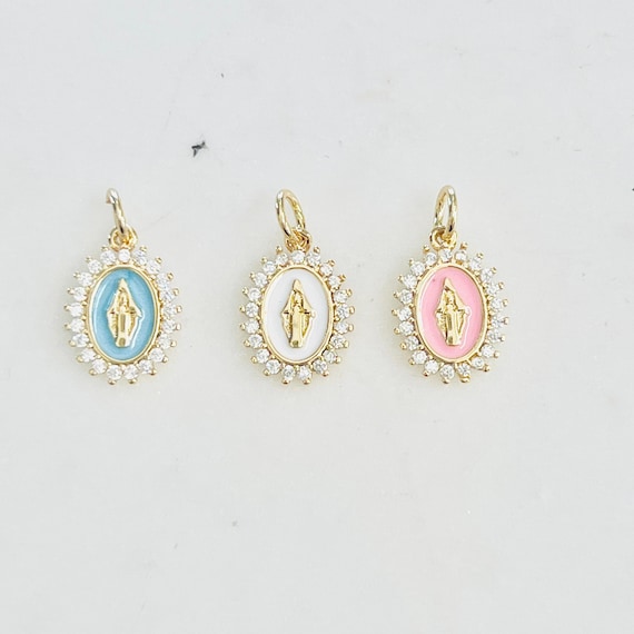 Mini Detailed Mother Mary Cubic Zirconia Pavé Religious Charm Gold Plated Enamel Mother Mary Religion Charm Jewelry Making Supplies