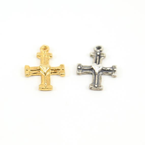 Cross with Tiny Heart Charm Pendant Religious Charm in Sterling Silver or Vermeil Gold