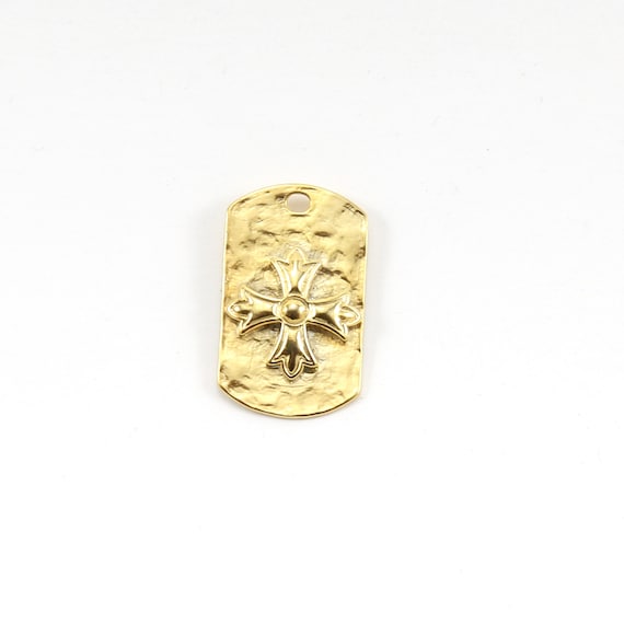 Large Cross Dog Tag Hammered Textured Pendant Charm Vermeil Gold Religious Spiritual Pendant