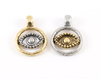 Unique Pewter Base Metal Gold and Silver Evil Eye Pendant Charm with Cut out Middle Protector Necklace Charm Religious Spiritual Charm