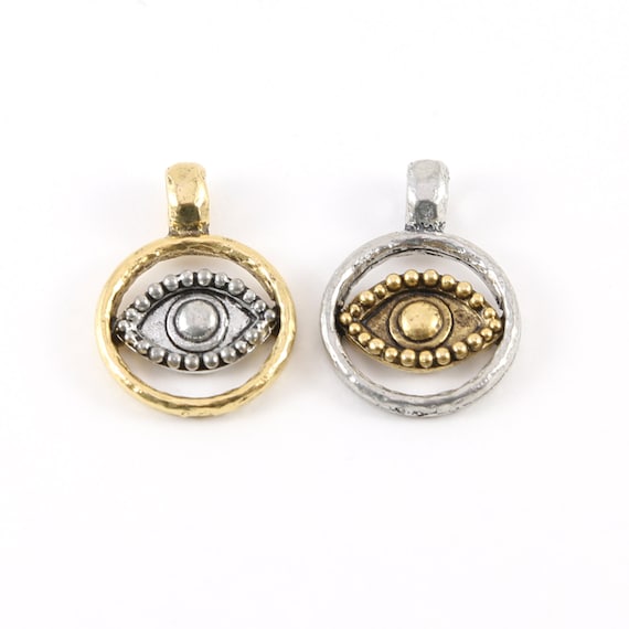 Unique Pewter Base Metal Gold and Silver Evil Eye Pendant Charm with Cut out Middle Protector Necklace Charm Religious Spiritual Charm