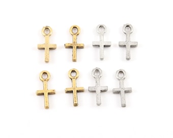 4 piezas pequeñas y sencillas de cruz minimalista de metal con base de peltre, colgante pequeño y delicado, dije religioso, espiritual, católico, cristiano.