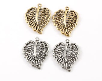 2 pieces lined leaf pewter leaf nature pendant antique gold, antique silver