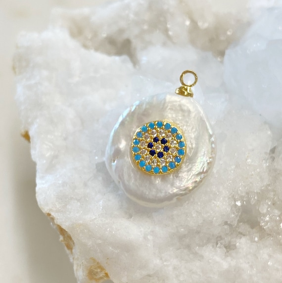 1 Piece Gold Plated Unique Freshwater Pearl With Colored CZ Turquoise Center Design, Baroque Pearl