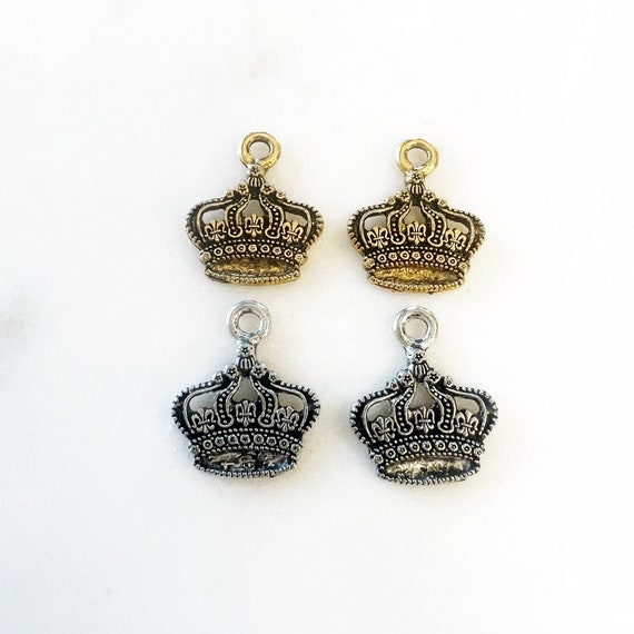 2 Pieces Small Detailed Pewter Crown Charm Royalty, Queen, King,  Princess Charm Pendant in Antique Gold or Antique Silver