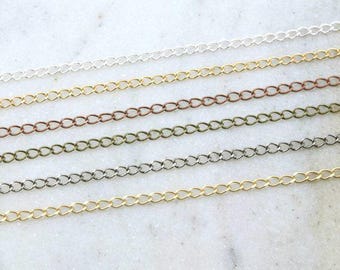Cadena fina y delicada de metal base en plata brillante, oro brillante, cobre antiguo, latón antiguo, oro mate, bronce oscuro / cadena por pie