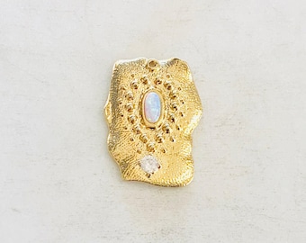 Unique whimsical gold plated organic square vintage opal cubic zirconia pave charm pendant