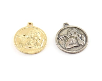 Angel wing round coin disk charm vermeil or sterling silver religious cherubim
