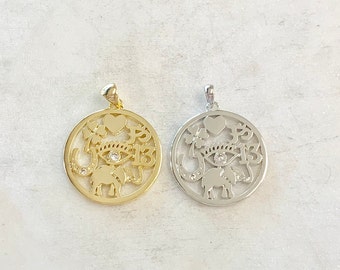 Good Luck CZ Coin Charm, Heart, Four Leaf Clover, Horseshoe, Evil Eye, Elephant, Rhodium Plated, Gold Plated, Shiny Gold, Shiny Silver