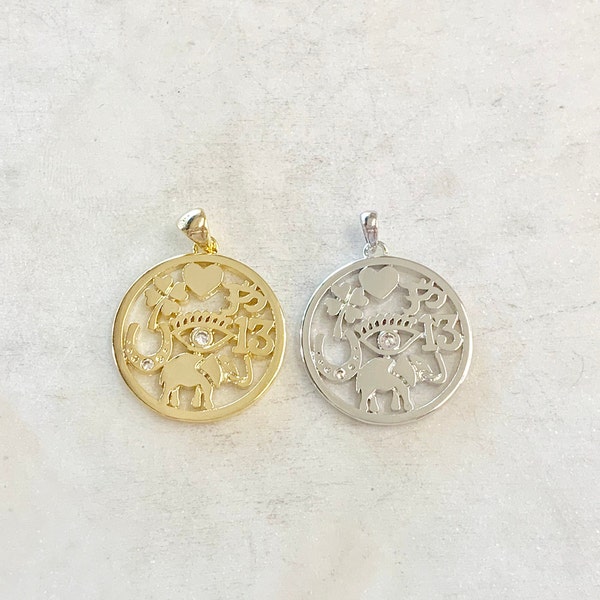 Good Luck CZ Coin Charm, Heart, Four Leaf Clover, Horseshoe, Evil Eye, Elephant, Rhodium Plated, Gold Plated, Shiny Gold, Shiny Silver