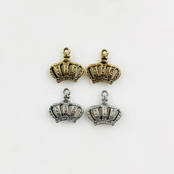 2 Pieces Small Textured Pewter Crown Charm with Loop in Antique Gold or Antique Silver