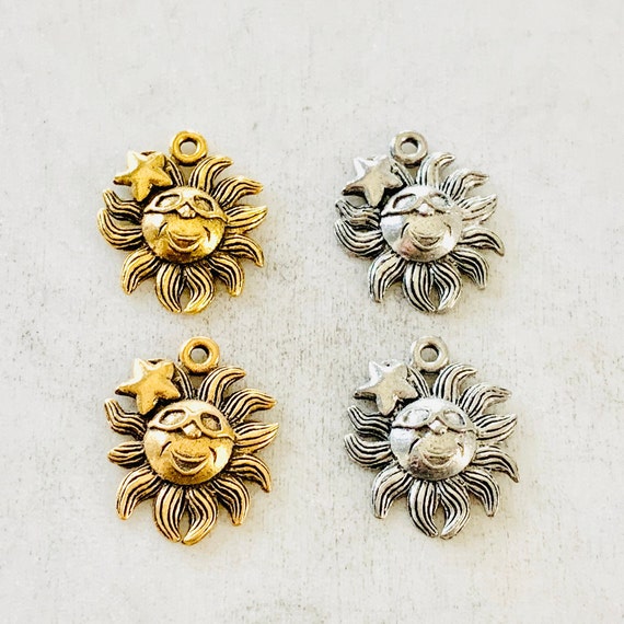 2 Pieces Unique Smiling Sun Sunshine Wearing Sunglasses with Star Pewter Detailed Charm Celestial Charm Pendant