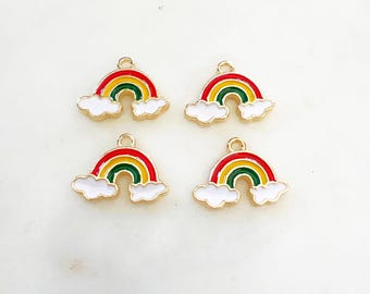 4  pieces gold plated enamel rainbow charm small cute rainbow with clouds gold charm purse, lip gloss, necklace charm jewelry making supply