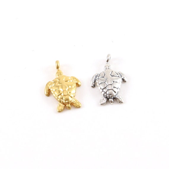 Small Sea Turtle Charm Ocean Summer Vacation Animal Pendant in Sterling Silver or Vermeil Gold