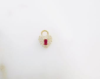 Small cute gold plated cz and ruby colored crystal detailed heart shaped pad lock charm love charm, valentine's day, mother's day charm