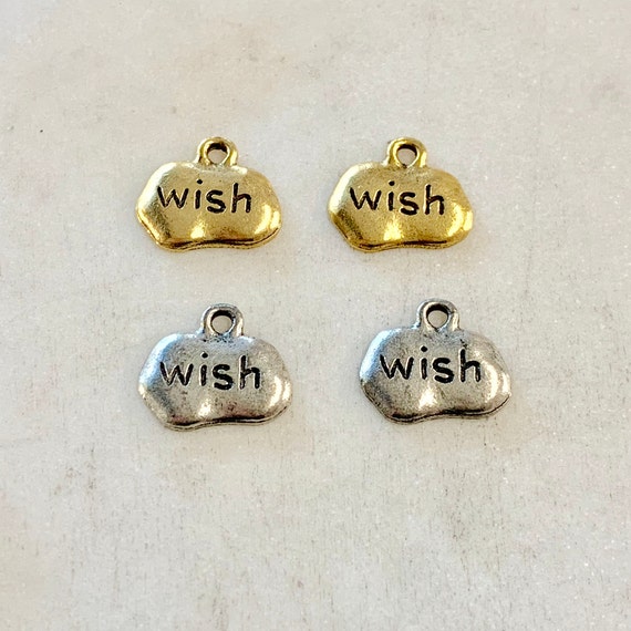 2 Pieces Pewter Metal Small Wide Stamped With Wish Stamped Charm Pendant Inspirational Charm Antique Gold, Antique Silver