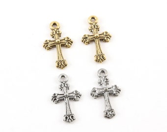 2 piezas de dijes de cruz en miniatura de metal con base de peltre con bola en el centro, colgante religioso, espiritual, católico, cristiano, collar