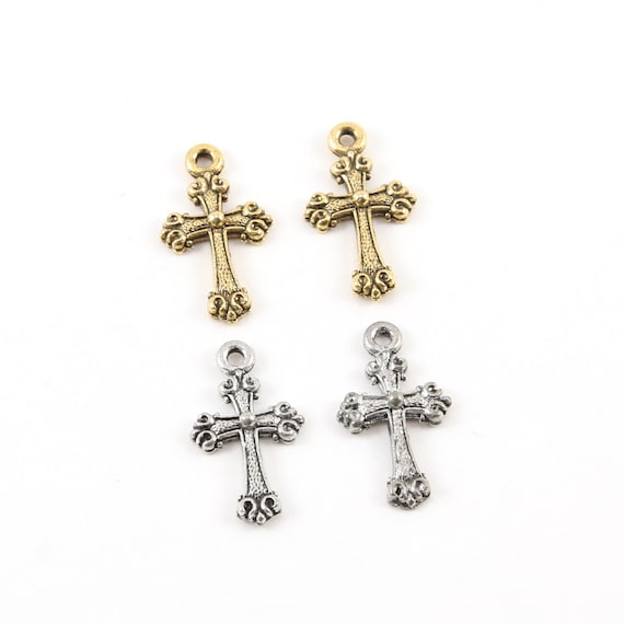 2 Pieces Pewter Base Metal Mini Cross Charm with Ball in Center Pendant Religious Spiritual Catholic Christianity Necklace Charm