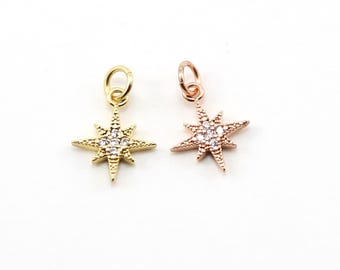 Small pointed pave star starburst cz rhodium plated celestial charm in gold or rose gold