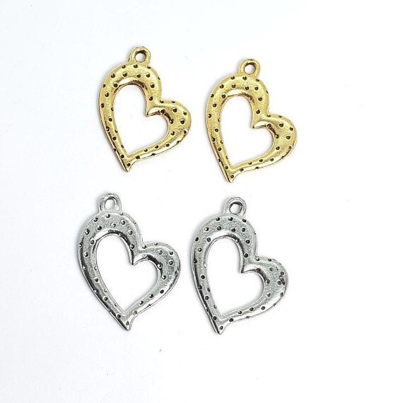 2 Pewter Dotted Beaded Heart Charms in Antique Gold or Antique Silver, Love ,Sisters, Mother, Daughter, Pendant, Open Heart Design