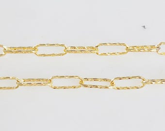 Cadena de cable estirada texturizada de oro laminado de 14k, cadena alargada tipo clip de papel, joyería permanente, cadena a granel sin terminar/se vende por pie.