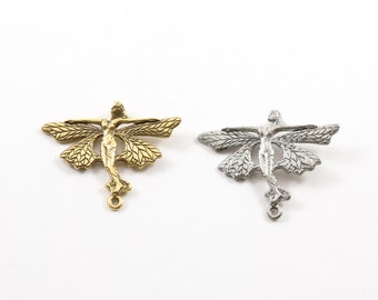 Pewter Flying Fairy Butterfly Wings Pixie Charm 2 Loop Connector Fantasy Pendant Inspirational Pendant,  Antique gold, Antique silver