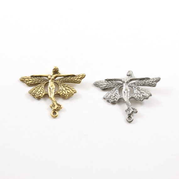 Pewter Flying Fairy Butterfly Wings Pixie Charm 2 Loop Connector Fantasy Pendant Inspirational Pendant,  Antique gold, Antique silver