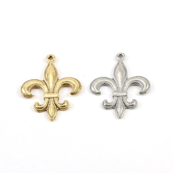 Large Fleur De Lis Dotted Beaded Edges Pendant Pewter Necklace Charm 34mm x 26mm in Antique Gold or Antique Silver