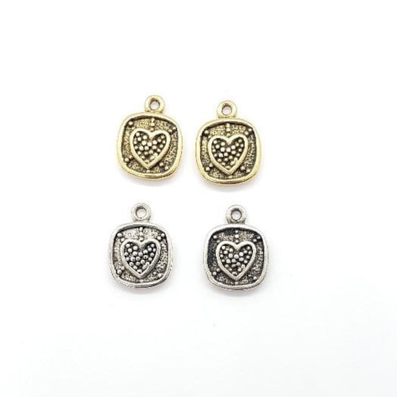 2 Pewter Metal Beaded Heart in Box Charm/ Small Pendant , Antique Silver, Antique Gold