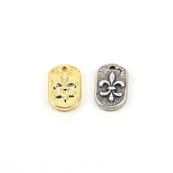 Oval Raised Fleur De Lis Tag Charm Pendant in Sterling Silver or Vermeil Gold