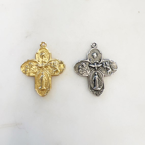 Sterling Silver or Vermeil Gold Large 4-Way Scapular Medal Cross Charm Pendant Religious Spiritual Catholic Pendant