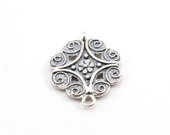 Sterling Silver Flower Octagon Double Sided Connector Charm with Beaded and Swirl Detailing