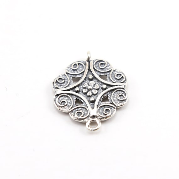 Sterling Silver Flower Octagon Double Sided Connector Charm with Beaded and Swirl Detailing