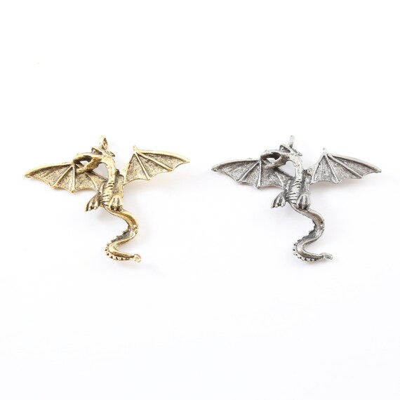 Pewter Large Flying Detailed Dragon Charm Fantasy Medieval Magic Mystical Creature Pendant in Antique Gold, Antique Silver