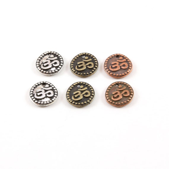 2 Pieces Om Ohm Symbol Coin with Dotted Edges Pewter Base Metal Charm Pendant Religious Spiritual Buddhist, Silver, Copper, Brass