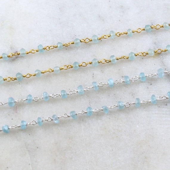 Dainty Apatite  Gemstone Blue Rosary Beaded Wire Wrapped Chain Sterling Silver or Vermeil  / Sold by the Foot / Bulk Unfinished Chain