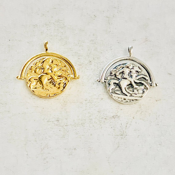 Unique Medallion Renaissance Art Nouveau Double Sided Knight Riding Horse Ancient Coin Vermeil or Sterling Silver