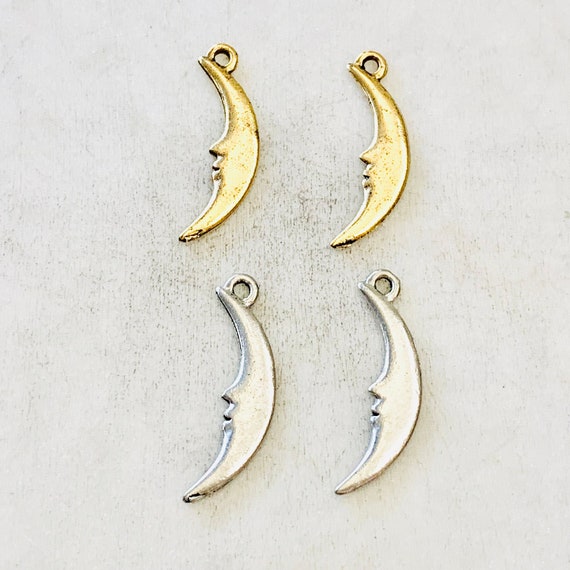 2 Pieces Pewter Base Metal Long Crescent Moon Silhouette Charm Celestial Pendant Antique Gold, Antique Silver