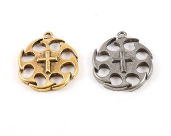 Extra large cross circle jagged edges pewter base metal cross coin charm pendant religious spiritual catholic christianity necklace charm