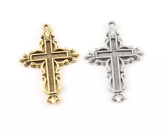 Indented cross with fancy edge fleur de lis design pewter base metal charm pendant religious spiritual catholic christianity necklace charm