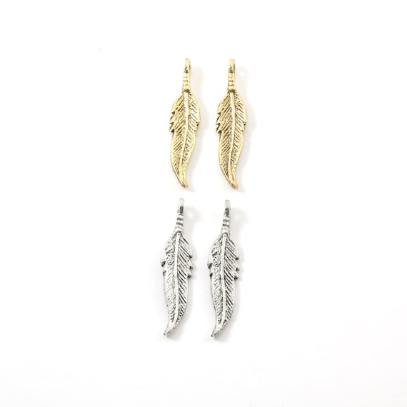 2 Pieces Large Pewter Pointed Minimal Modern Feather Charm Jewelry Making Supplies Necklace Pendant Antique Gold, Antique Silver